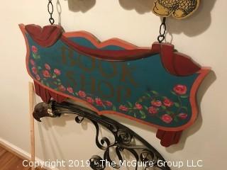 Smithsonian Castle Double Sided Book Shop Sign circa 1970's: Ornate Curved Iron Hanging Bracket with Carved Stone Eagle Head and Two Additional Panels. LOOK! 31"Wide x 76"Tall {Description Altered 06.13.@3:08pm ET}