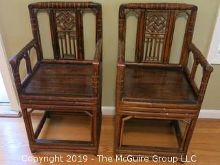 Pair of Asian style bamboo arm chairs (seat hieght: 21"; seat width: 20"; depth: 17"; back height: 38")