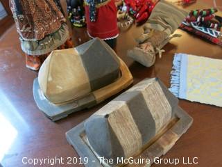 Collection including 2 stoneware butter dishes and an assortment of Costa Rican Crafts 