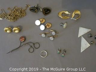 (6) pair of ladies earrings, (2) sets of men's cuff links and 1 gold tone chain