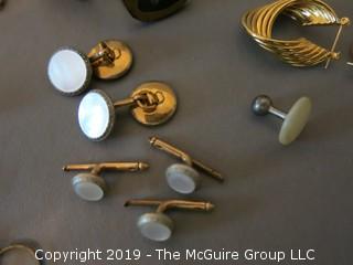 (6) pair of ladies earrings, (2) sets of men's cuff links and 1 gold tone chain