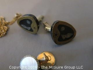 (6) pair of ladies earrings, (2) sets of men's cuff links and 1 gold tone chain