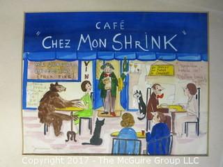 "Cafe Chez Mon Shrink"; signed by the artist; matted and framed print: 16 x 20