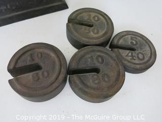 Shopkeepers counterbalance scale with brass dial, weights. 