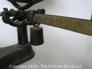 Shopkeepers counterbalance scale with brass dial, weights. 