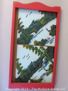 (2) Chinese painted tiles and wood calendar frame 