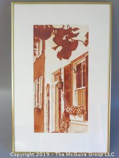 Original Watercolor Streetscape by Gretchen Thompson; framed under glass; signed lower right; 13 1/2 x 21"