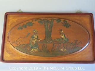 Painting on wood panel of Chinese men playing chess; 16 x 29 1/2" 