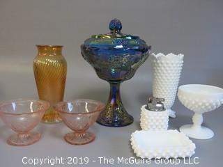 Collection of ceramics including white hobnail, etched pink cups, twisted form vaseline vase and covered candy dish 