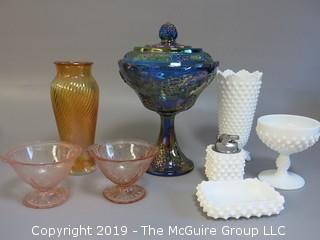 Collection of ceramics including white hobnail, etched pink cups, twisted form vaseline vase and covered candy dish 