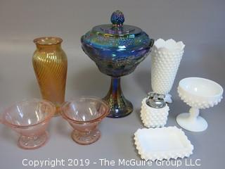 Collection of ceramics including white hobnail, etched pink cups, twisted form vaseline vase and covered candy dish 