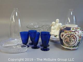 Collection of ceramics and glass; including Imari, angelic music box,set of 6 cobalt blue juice stems and a pair of clear glass candlestick covers  