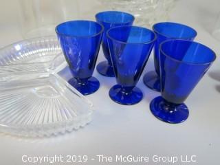 Collection of ceramics and glass; including Imari, angelic music box,set of 6 cobalt blue juice stems and a pair of clear glass candlestick covers  