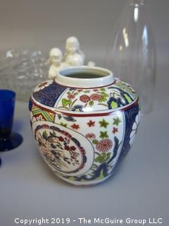 Collection of ceramics and glass; including Imari, angelic music box,set of 6 cobalt blue juice stems and a pair of clear glass candlestick covers  