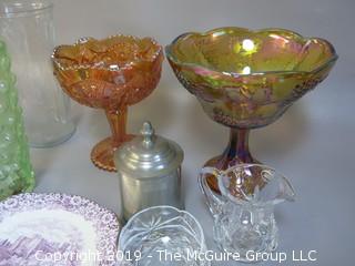 Collection including carnival glass, pewter and cut crystal creamer and sugar