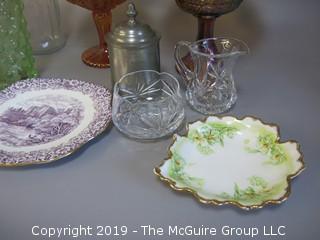 Collection including carnival glass, pewter and cut crystal creamer and sugar