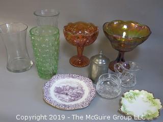 Collection including carnival glass, pewter and cut crystal creamer and sugar