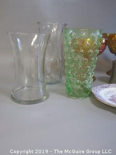 Collection including carnival glass, pewter and cut crystal creamer and sugar