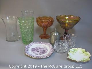 Collection including carnival glass, pewter and cut crystal creamer and sugar