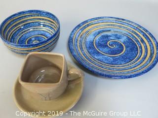 Collection of Hand Thrown Glazed Pottery including square cup