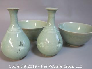 Set of matching Chinese glazed ceramic bowls and hand decorated vases 