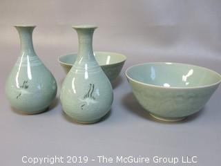 Set of matching Chinese glazed ceramic bowls and hand decorated vases 