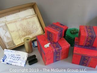 Collection including boxes, stone carving, keepsake box, linens and candle