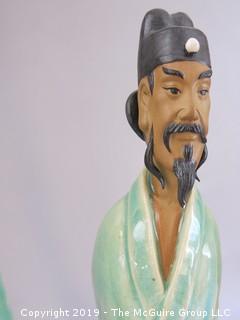 Two Chinese Hand Painted Ceramic Wise Men (Note: damage to back of head on taller one) 