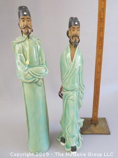 Two Chinese Hand Painted Ceramic Wise Men (Note: damage to back of head on taller one) 