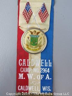 "Modern Woodmen of America" Ribbon and Pin; Caldwell, Wis., Caldwell Camp No. 2964