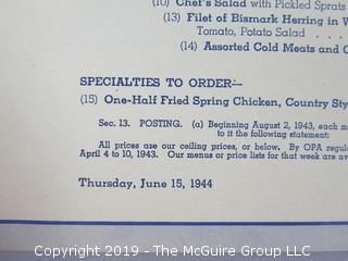 U.S. Senate Members Dining Room; Menu; signed by Paul C. Johnson, head waiter from 1900-1944