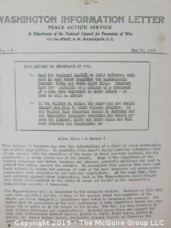 Collection of Ephemera including Original Art of The Village Voice, the 1990 gala of The Museum of Women in the Arts, and a 1939 Washington Information Letter, published by the National Council for the Prevention of War