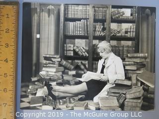 Large Format B + W Radio Photo of Woman Engrossed in Her Books