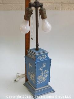 Blue Ceramic Table Lamp with 2 bulbs (shows some wear) 