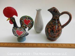 Eclectic Mix:including rooster, Royal Copenhagen vase and hand painted ceramic pitcher, marked Jerusalem