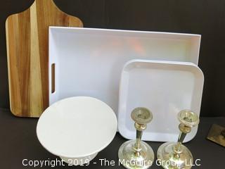 Eclectic Mix including serving trays, cutting board and candlesticks