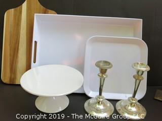 Eclectic Mix including serving trays, cutting board and candlesticks