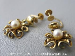 14k gold clip on earrings with single set pearls; 4.5g