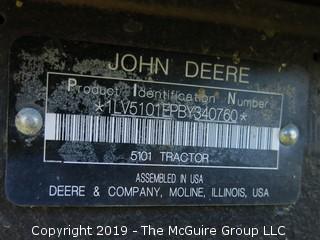 John Deere 5101E Tractor with 240 Loader; only 798 hours; includes 3 attachments: Adjustable Forks, Bucket and Hay Spear (Note: Description Altered 09.03 @ 4:07PM)  ***CAB Will BE LOCKED AFTER SALE AND WILL NOT BE USED FOR LOAD-OUT)