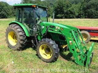 John Deere 5101E Tractor with 240 Loader; only 798 hours; includes 3 attachments: Adjustable Forks, Bucket and Hay Spear (Note: Description Altered 09.03 @ 4:07PM)  ***CAB Will BE LOCKED AFTER SALE AND WILL NOT BE USED FOR LOAD-OUT)