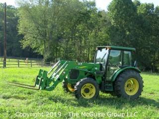 John Deere 5101E Tractor with 240 Loader; only 798 hours; includes 3 attachments: Adjustable Forks, Bucket and Hay Spear (Note: Description Altered 09.03 @ 4:07PM)  ***CAB Will BE LOCKED AFTER SALE AND WILL NOT BE USED FOR LOAD-OUT)