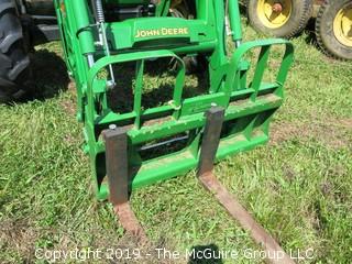 John Deere 5101E Tractor with 240 Loader; only 798 hours; includes 3 attachments: Adjustable Forks, Bucket and Hay Spear (Note: Description Altered 09.03 @ 4:07PM)  ***CAB Will BE LOCKED AFTER SALE AND WILL NOT BE USED FOR LOAD-OUT)