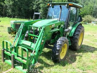 John Deere 5101E Tractor with 240 Loader; only 798 hours; includes 3 attachments: Adjustable Forks, Bucket and Hay Spear (Note: Description Altered 09.03 @ 4:07PM)  ***CAB Will BE LOCKED AFTER SALE AND WILL NOT BE USED FOR LOAD-OUT)