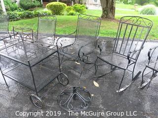 Iron Patio Furniture including oval table, serving table, slider/rocker, 2 rockers, 3 spring arm chairs