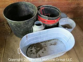 Collection including horse feeding buckets and galvanized pails and tubs 