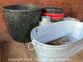 Collection including horse feeding buckets and galvanized pails and tubs 