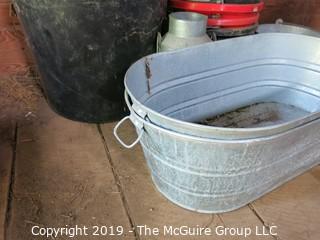 Collection including horse feeding buckets and galvanized pails and tubs 