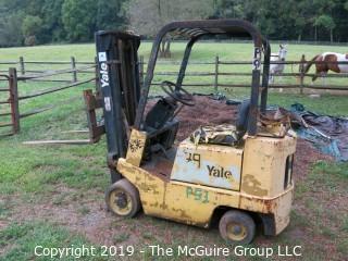 Yale Forklift; 3000 lb. capacity; 5231 hours; needs battery, tune up and propane tank, according to consignor