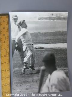 Collection of large format B&W sports photographs including the pitcher Dennis Reeder of the Minneapolis Millers, golfers Tom Gorman and Ben Hogan, and a toboggan sled race circa 1938, and hockey player Allen Stanley ,  