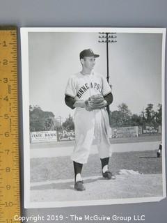 Collection of large format B&W sports photographs including the pitcher Dennis Reeder of the Minneapolis Millers, golfers Tom Gorman and Ben Hogan, and a toboggan sled race circa 1938, and hockey player Allen Stanley ,  